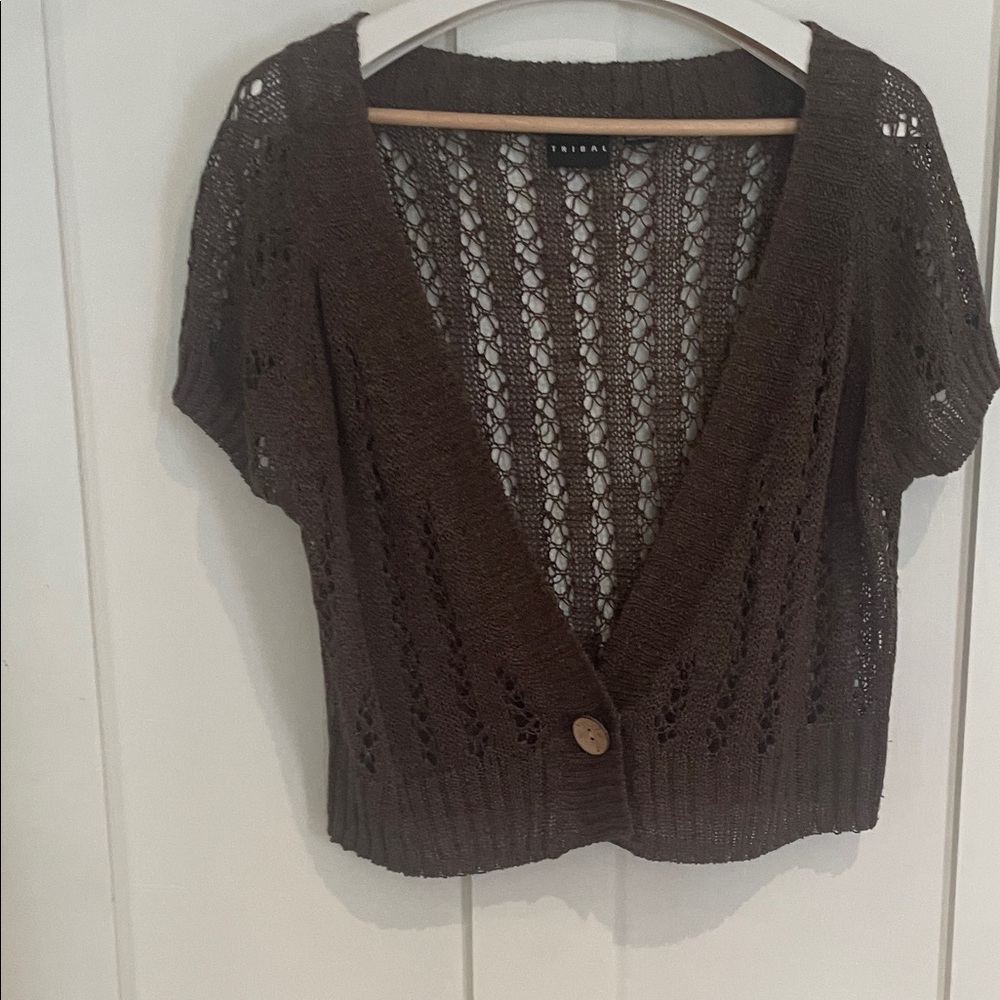 Tribal Brown Open Knit Short Sleeve Cardigan